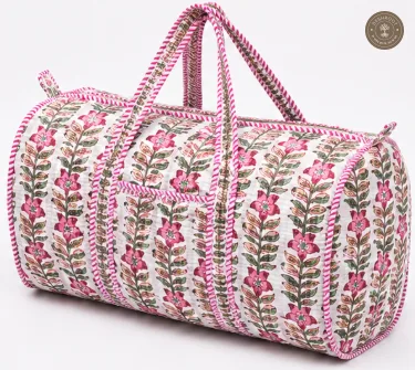 Handcrafted Quilted Pink Floral Block Print Cotton Duffel Bag