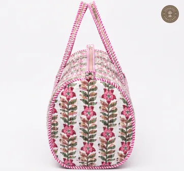 Handcrafted Quilted Pink Floral Block Print Cotton Duffel Bag