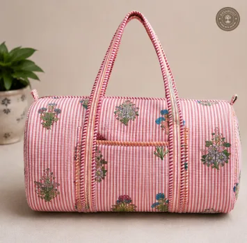 Handcrafted Quilted Floral Stripe Duffle Bag