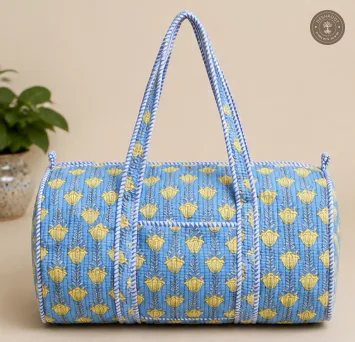 Handcrafted Quilted Blue Floral Duffle Bag