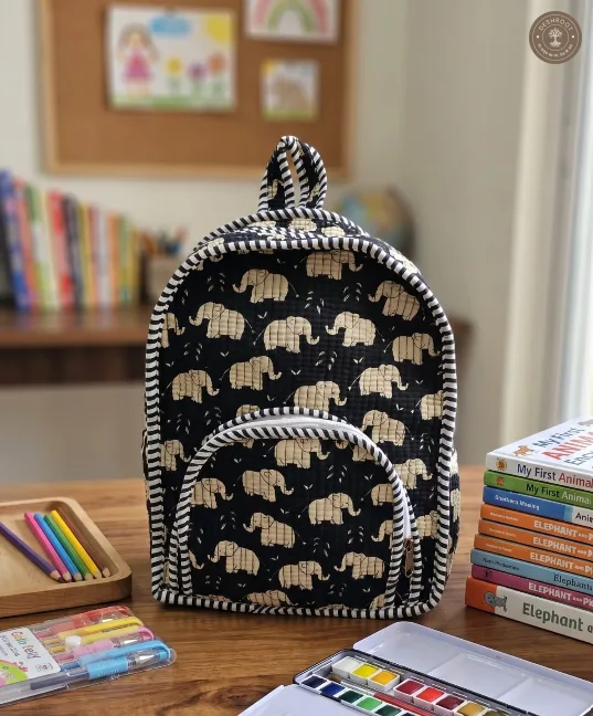 Handmade Cotton Kids Backpack with Elephant Print
