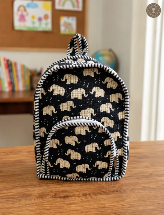 Handmade Cotton Kids Backpack with Elephant Print