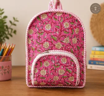 Handcrafted Quilted Floral Cotton Kids Backpack – Pink Printed School & Travel Bag