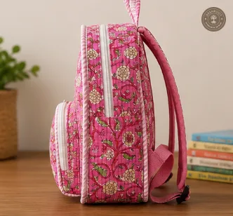 Handcrafted Quilted Floral Cotton Kids Backpack – Pink Printed School & Travel Bag