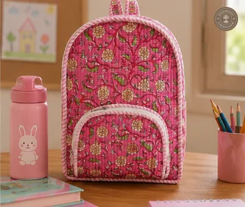 Handcrafted Quilted Floral Cotton Kids Backpack – Pink Printed School & Travel Bag