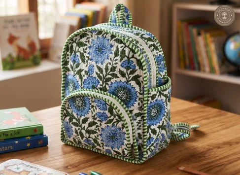 Handcrafted Quilted Blue Floral Cotton Kids Backpack – Lightweight School & Travel Bag