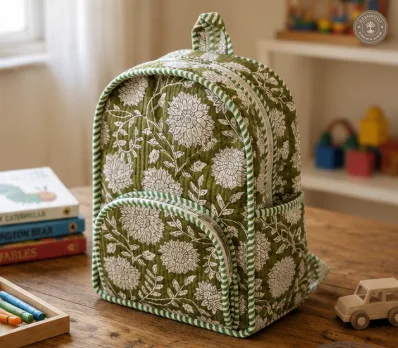Handcrafted Quilted Olive Green Floral Cotton Kids Backpack – Lightweight School & Travel Bag