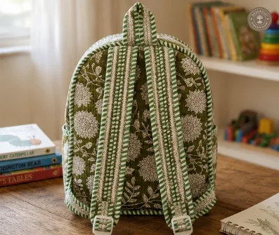 Handcrafted Quilted Olive Green Floral Cotton Kids Backpack – Lightweight School & Travel Bag