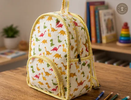 Handcrafted Quilted Dinosaur Print Cotton Kids Backpack – Lightweight School & Travel Bag
