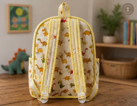 Handcrafted Quilted Dinosaur Print Cotton Kids Backpack – Lightweight School & Travel Bag