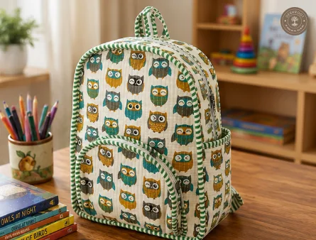Handcrafted Quilted Owl Print Cotton Kids Backpack – Lightweight School & Travel Bag