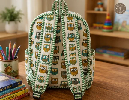 Handcrafted Quilted Owl Print Cotton Kids Backpack – Lightweight School & Travel Bag