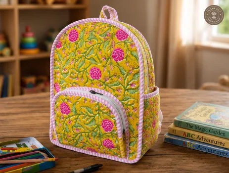 Handcrafted Quilted Yellow Floral Cotton Kids Backpack – Lightweight School & Travel Bag