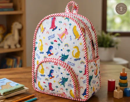 Handcrafted Quilted Dinosaur Print Cotton Kids Backpack – Lightweight School & Travel Bag