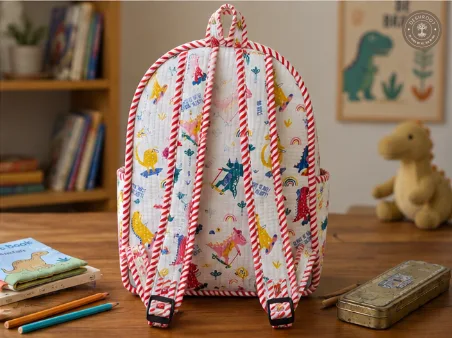 Handcrafted Quilted Dinosaur Print Cotton Kids Backpack – Lightweight School & Travel Bag