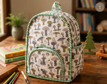 Handcrafted Quilted Mushroom Print Cotton Kids Backpack – Lightweight School & Travel Bag
