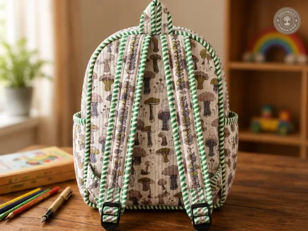 Handcrafted Quilted Mushroom Print Cotton Kids Backpack – Lightweight School & Travel Bag