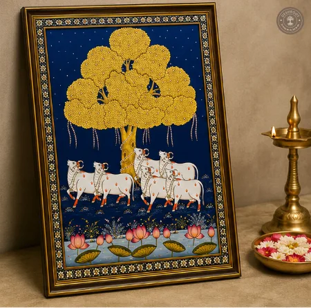 Pichwai Kamdhenu Cow Painting Under the Kalpavriksha Tree