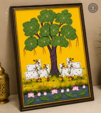 Pichwai Kamdhenu Cow Painting with Kalpavriksha
