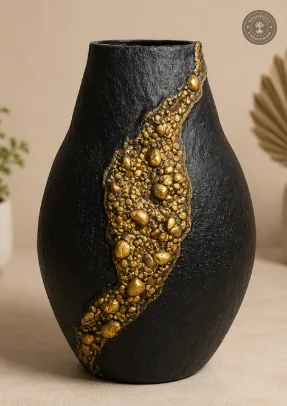 Handcrafted Paper Mache Decorative Vase with Gold Stone Texture