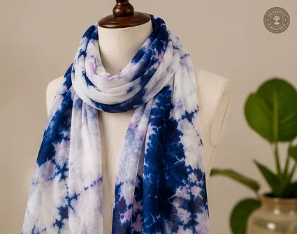 Pure Chanderi Silk Cotton Hand-Dyed Tie-Dye Stole – Blue & White Designer Ethnic Scarf
