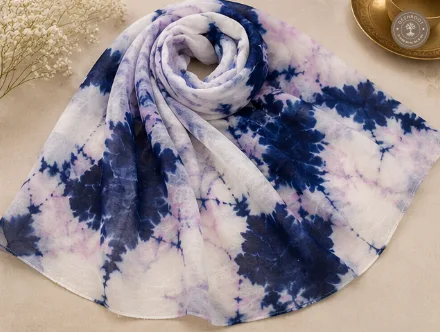 Pure Chanderi Silk Cotton Hand-Dyed Tie-Dye Stole – Blue & White Designer Ethnic Scarf