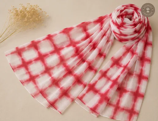Pure Chanderi Silk Cotton Hand-Dyed Shibori Check Stole – Red & White Designer Ethnic Scarf