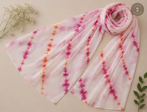 Hand-Dyed Pure Chanderi Silk by Cotton Stole – Pink & White Tie-Dye Designer Women's Stole