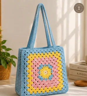 Handmade Crochet Granny Square Tote Bag – Cotton Knitted Shoulder Bag for Women