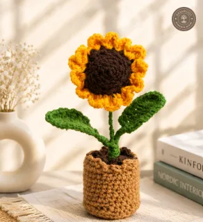 Handmade Crochet Sunflower in Pot – Knitted Flower Plant for Home & Office Décor