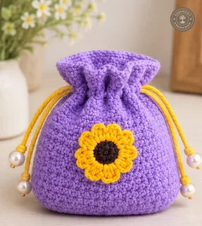 Handmade Crochet Sunflower Drawstring Pouch