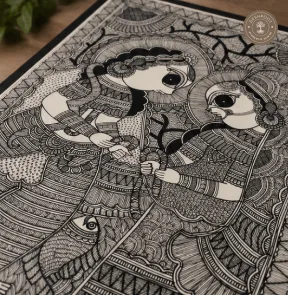 Handmade Radha Krishna Madhubani Painting on Canvas Paper