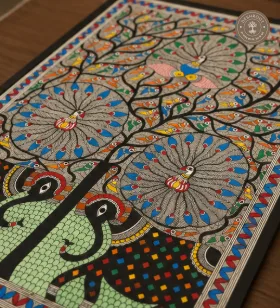 Handmade Tree of Life Madhubani Painting with Peacocks & Elephants on Canvas Paper