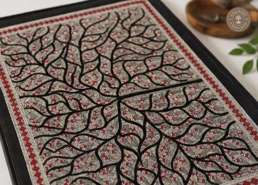 Handmade Tree of Life Madhubani Painting with Birds on Canvas Paper