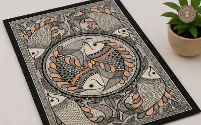 Handmade Fish Raas-2 Madhubani Painting on Canvas Paper