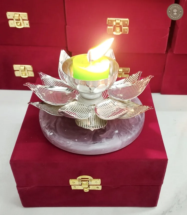 Premium Silver-Finish Lotus Tea-Light Holder (with Resin Base)