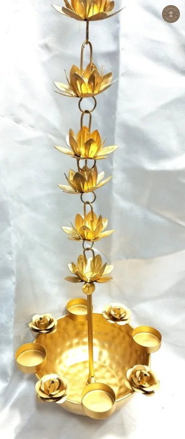 Handcrafted Brass Gold Lotus Rain Chain Urli Bowl Set for Home & Temple Decor