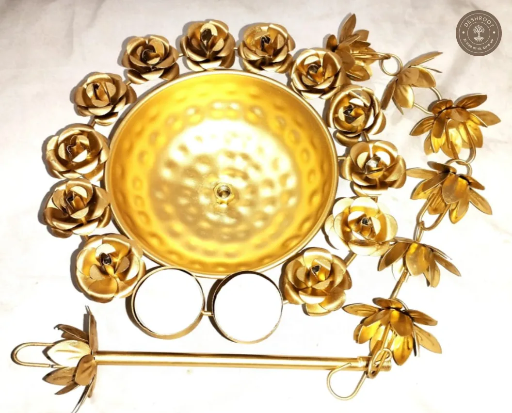 Handcrafted Brass Gold Lotus Rain Chain Urli Bowl Set for Home & Temple Decor