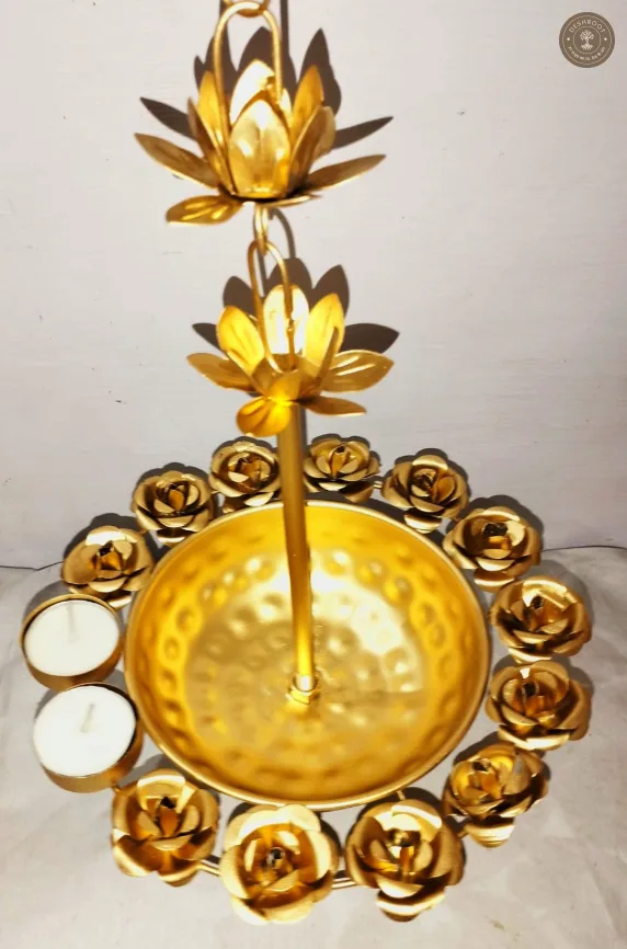 Handcrafted Brass Gold Lotus Rain Chain Urli Bowl Set for Home & Temple Decor
