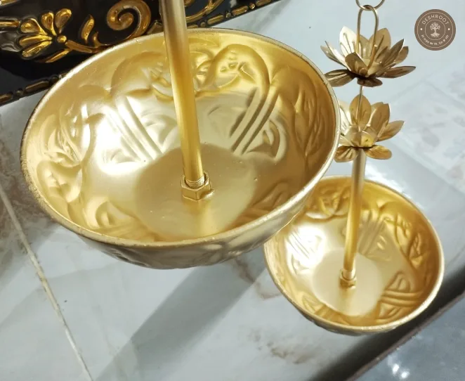 Handcrafted Brass Gold Lotus Rain Chain Urli Bowl Set for Home & Temple Decor (SET OF 2)
