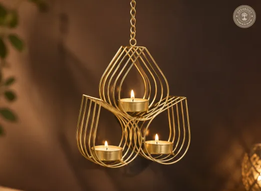 Decorative Hanging Iron 3-Diya Tealight Candle Holder with Chain