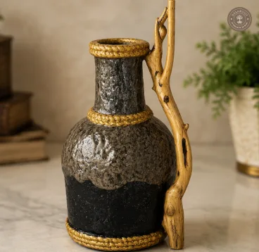 Handcrafted Paper Mache Rustic Decorative Vase with Wooden Branch Handle