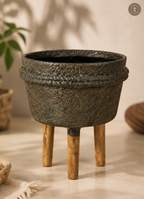 Handcrafted Paper Mache Planter Pot with Wooden Legs