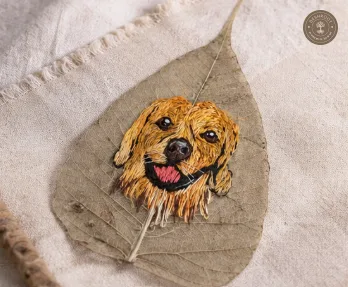 Handcrafted Embroidered Golden Retriever Leaf Art