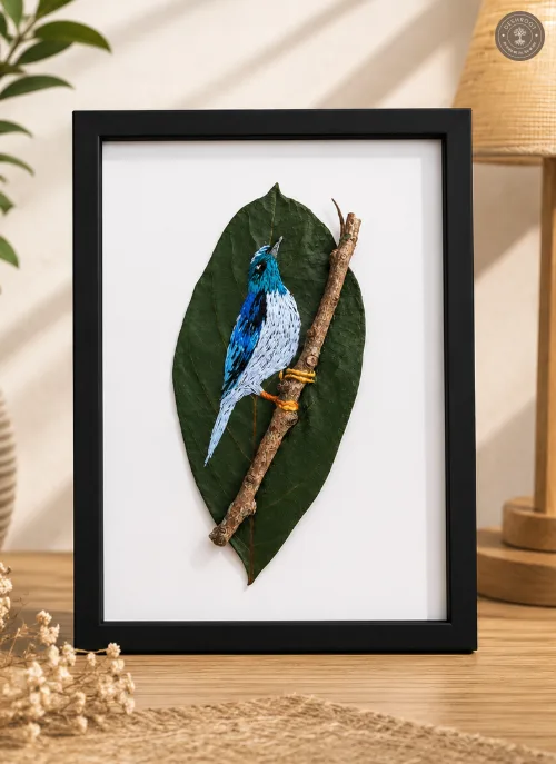 Handcrafted Embroidered Blue Bird Leaf Art (2)