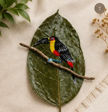 Handcrafted Embroidered Toucan Bird Leaf Art