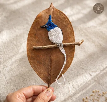 Handcrafted Embroidered Blue Jay Leaf Art
