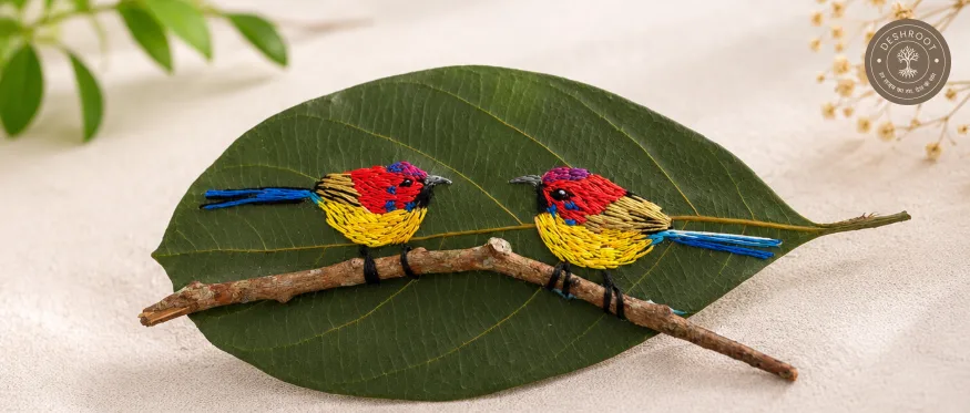 Handcrafted Embroidered Love Birds Leaf Art