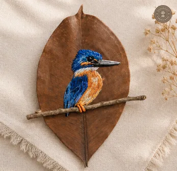 Handcrafted Embroidered Kingfisher Leaf Art