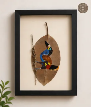 Handcrafted Embroidered Tropical Bird Leaf Art